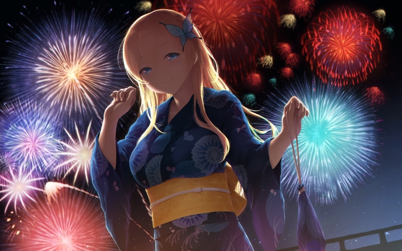 blonde, anime girls, kimono, long hair, fireworks, Boku wa Tomodachi ga Sukunai, Kashiwazaki Sena, night, 1080P