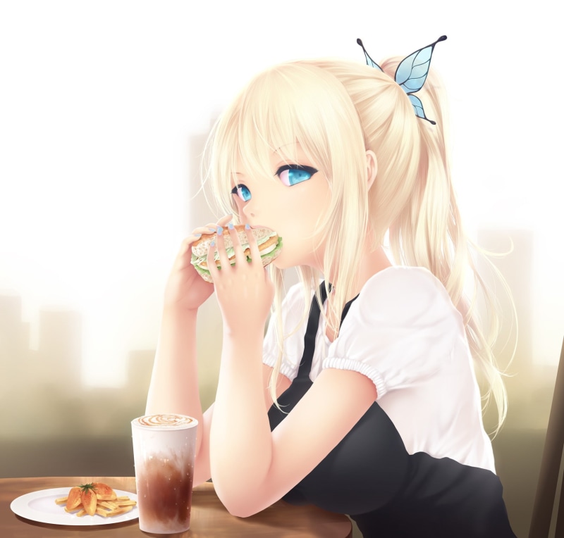 hamburgers, Kashiwazaki Sena, 720P, blue eyes, cleavage, anime girls, anime, food, Boku wa Tomodachi ga Sukunai, butterfly, blonde, long hair