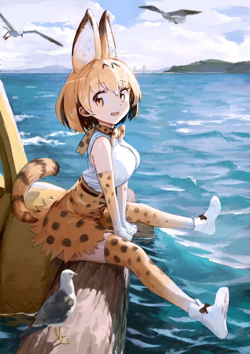 adult, 720P, smiling, Serval (Kemono Friends), emotion, nature, females, positive emotion, sea, figurine, outdoors, men, tail, leisure activity, real people