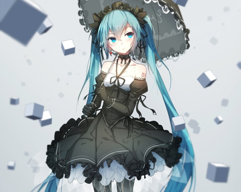 Hatsune Miku, people, young women, Gothic, lighting equipment, studio, Vocaloid, indoors, young adult, illuminated, untitled, front view, electric lamp