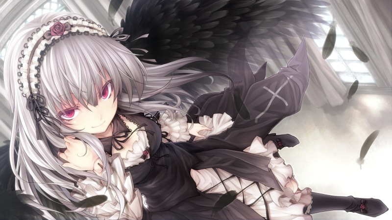 hair, rozen, fashion, lolita, feathers, suigintou, 1080P, gray, pink, maiden, wings, goth loli, eyes, tousen