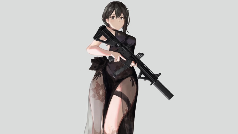 studio shot, beauty, indoors, gun, black hair, young women, portrait, looking at camera, beautiful woman, anime girls, Cheongsam, anime, government, simple background