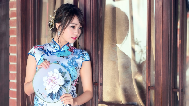 Blue, Cheongsam, 4K, Girl, Chinese