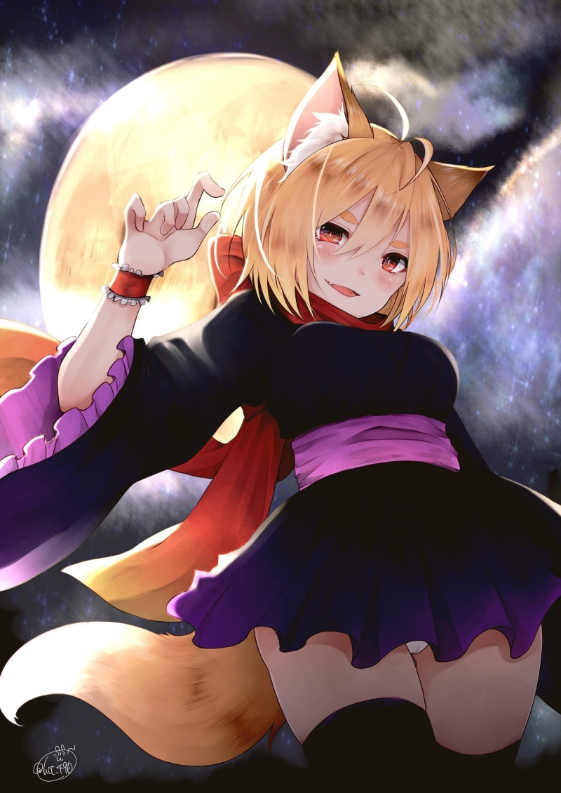 women, human limb, motion, animal ears, clothing, one person, portrait, anime girls, fashion, human leg, Moon, anime, adult, short hair, thigh-highs, tail