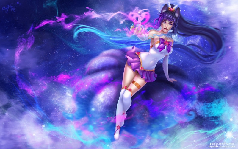 fox girl, tail, Ahri (League of Legends), animal ears, thigh-highs, ponytail, elbow gloves, 1080P, Star Guardian