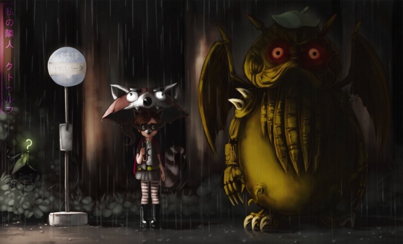 crossover, rain, Studio Ghibli, My Neighbor Totoro, The Coon, fan art, Cthulhu, animated movies, anime, 720P, artwork, umbrella, digital art