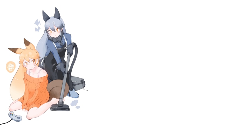 anime, animal ears, Red fox (Kemono friends), fox girl, 4K, anime girls, Kemono Friends, sweater, white background, Silver fox (Kemono friends)
