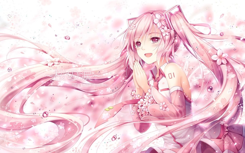 full frame, Hatsune Miku, long hair, flowering plant, close-up, animal representation, high angle view, anime, crying, nature, art and craft, pattern, backgrounds