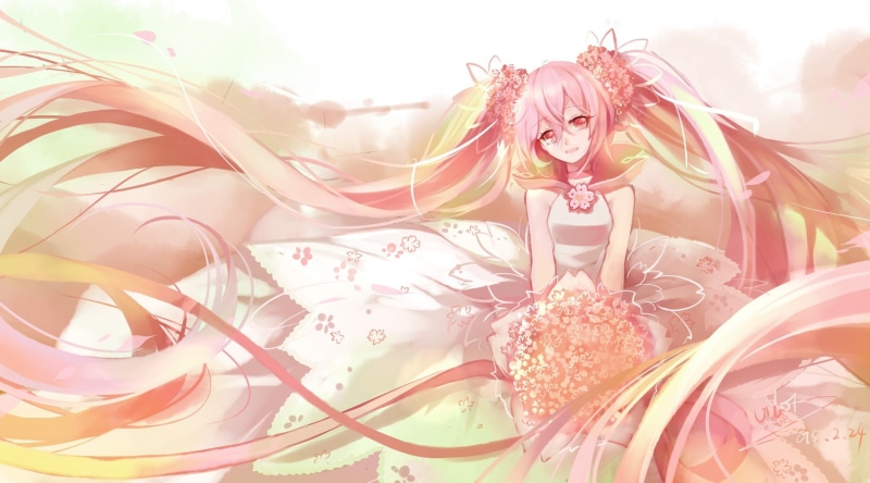event, flower petals, fashion, nature, flower in hair, adult, twintails, anime girls, white dress, flowering plant, outdoors, day, close-up, clothing, flowers