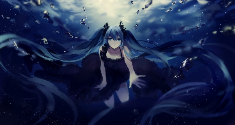 outdoors, front view, one person, water, sea, bangs, young women, blue, clothing, swimming, lifestyles, Hatsune Miku, twintails, anime girls, women, black dress