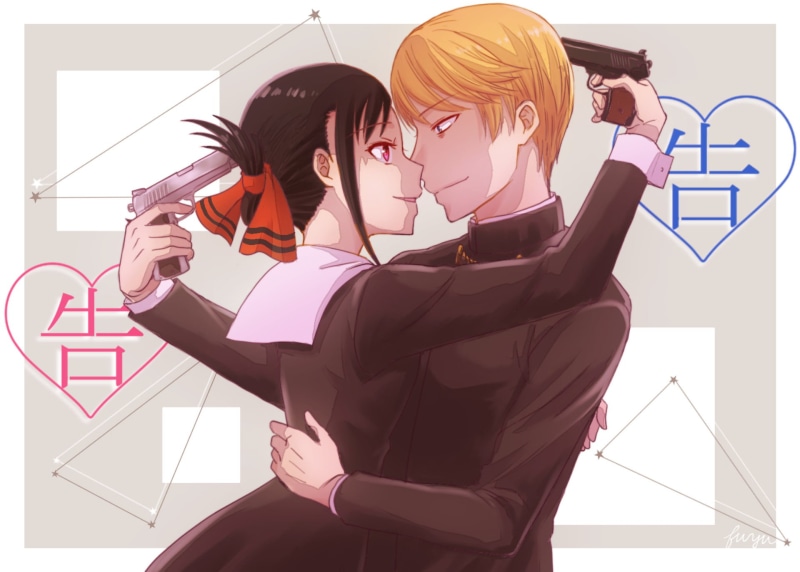 Kaguya Shinomiya, School Uniform, 1080P, Anime, Blonde, Red Eyes, Gun, Kaguya-sama: Love is War, Black Hair, Miyuki Shirogane