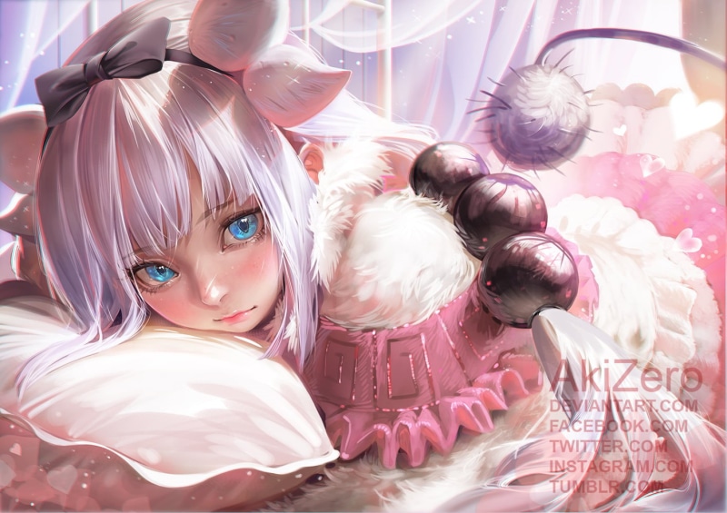 indoors, looking at camera, representation, high angle view, textile, celebration, white hair, pink color, anime girls, choice, toy, blue eyes, white color