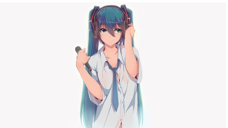 teal, waist up, Vocaloid, looking at camera, blue eyes, adolescence, headphones, blue hair, portrait, 1080P, looking away, simple background, long hair
