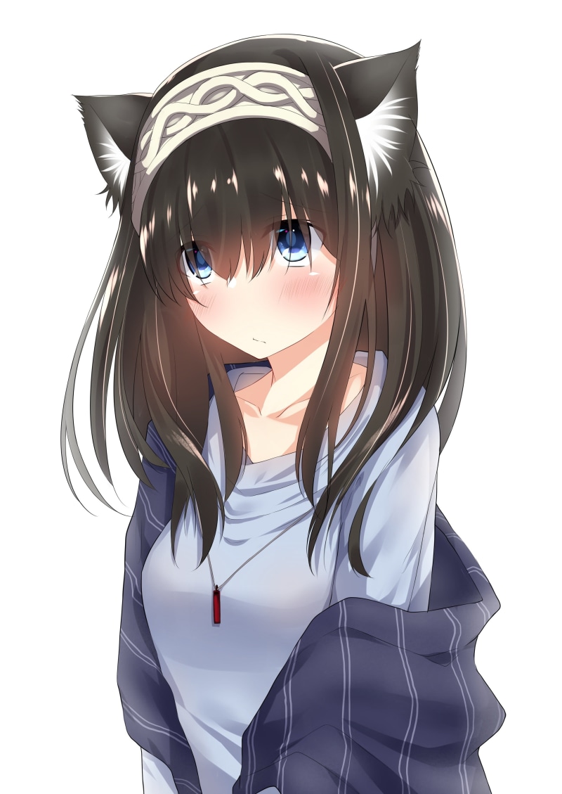 young adult, white background, gray, females, young women, animal ears, music, hairstyle, Sagisawa Fumika, human face, technology, headshot, women, shirt