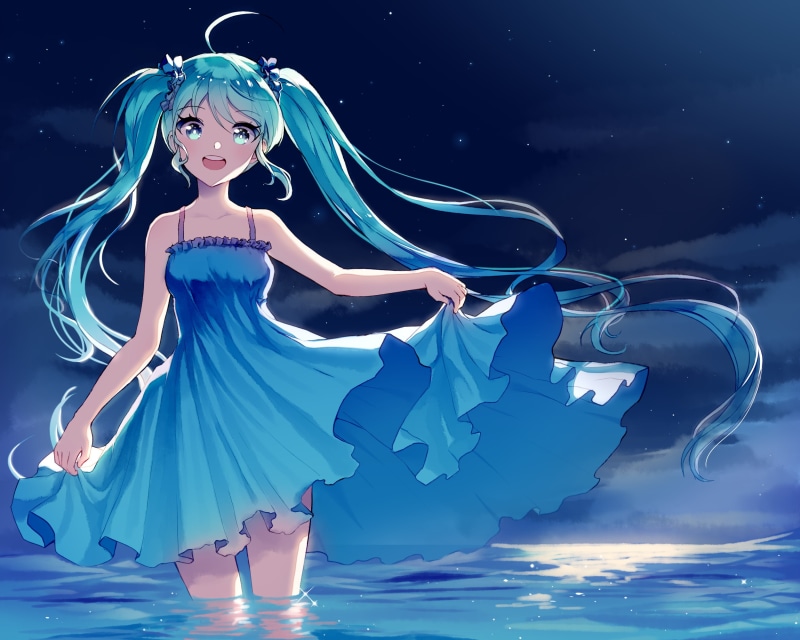 dress, one person, anime girls, underwater, blue dress, nature, twintails, sea, night, illuminated, looking at viewer, digital composite, sky, 1080P, hair