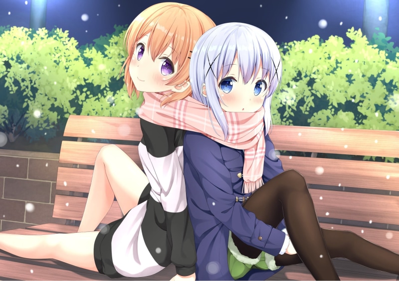 representation, lifestyles, sitting, males, people, Gochuumon wa Usagi Desu ka?, bench, leisure activity, childhood, Hoto Kokoa, Gochuumon wa Usagi Desu ka