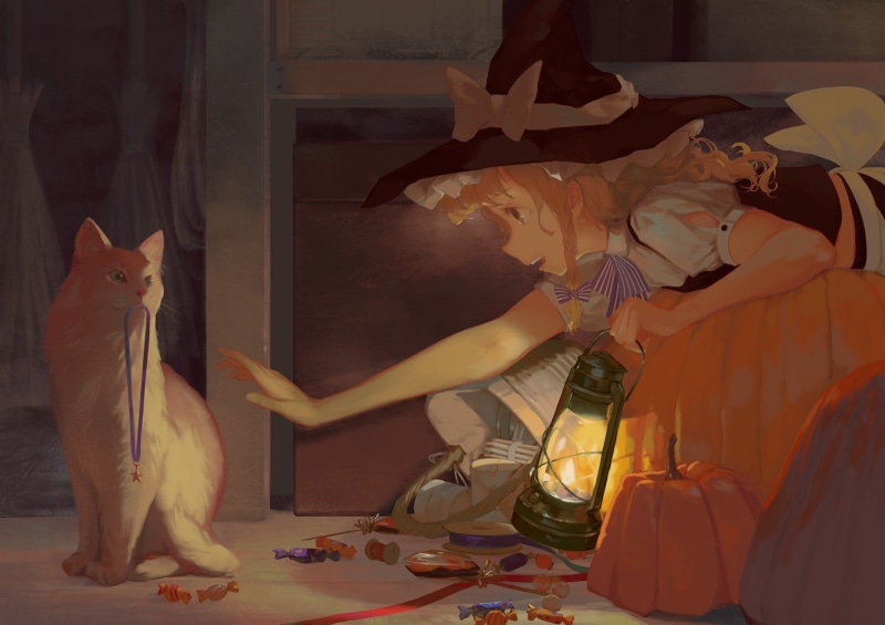 candies, anime girls, Kirisame Marisa, Touhou, long hair, anime, Halloween, cat, blonde, witch, 720P