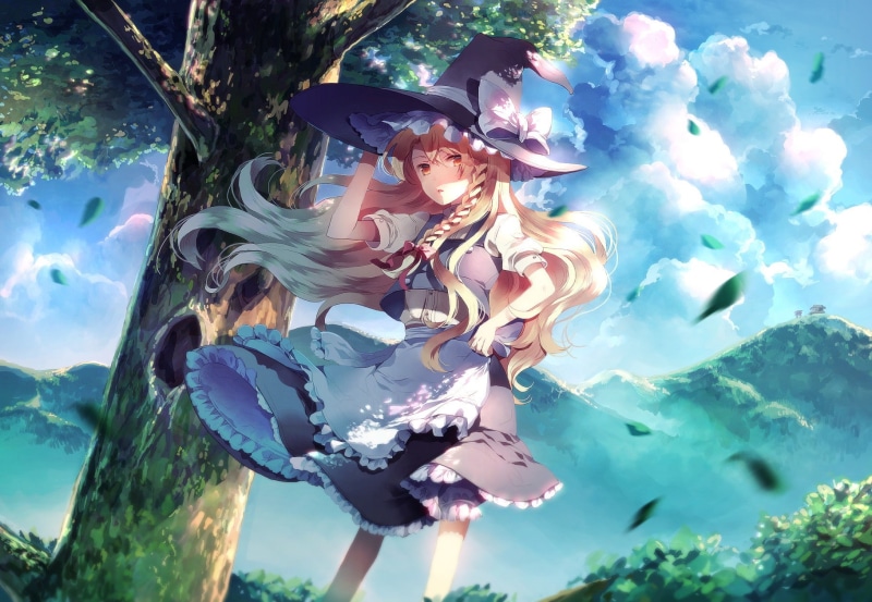 anime, nature, low angle view, plant, Touhou, sky, outdoors, cloud - sky, 720P, day, front view, sculpture, hat, women, art and craft, Kirisame Marisa