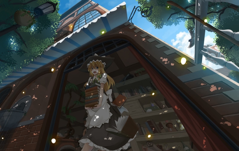 blue eyes, representation, books, low angle view, anime, braids, female likeness, male likeness, building exterior, building, sculpture, architecture, apron