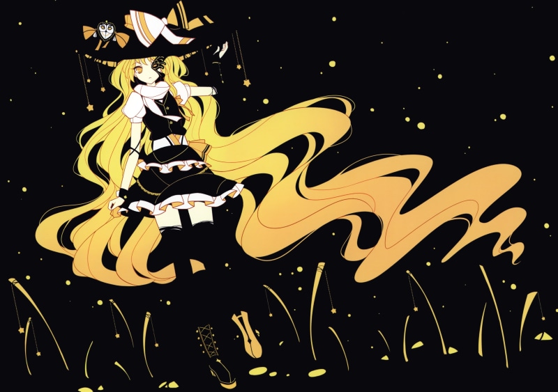 studio shot, hat, illuminated, craft, blonde, magician, art and craft, anime girls, mammal, Kirisame Marisa, black background, dragon, outdoors, celebration