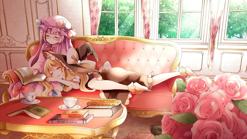 domestic room, nature, anime, large group of objects, flower arrangement, art and craft, bouquet, no people, flowers, Touhou, hat, still life, rose, witch