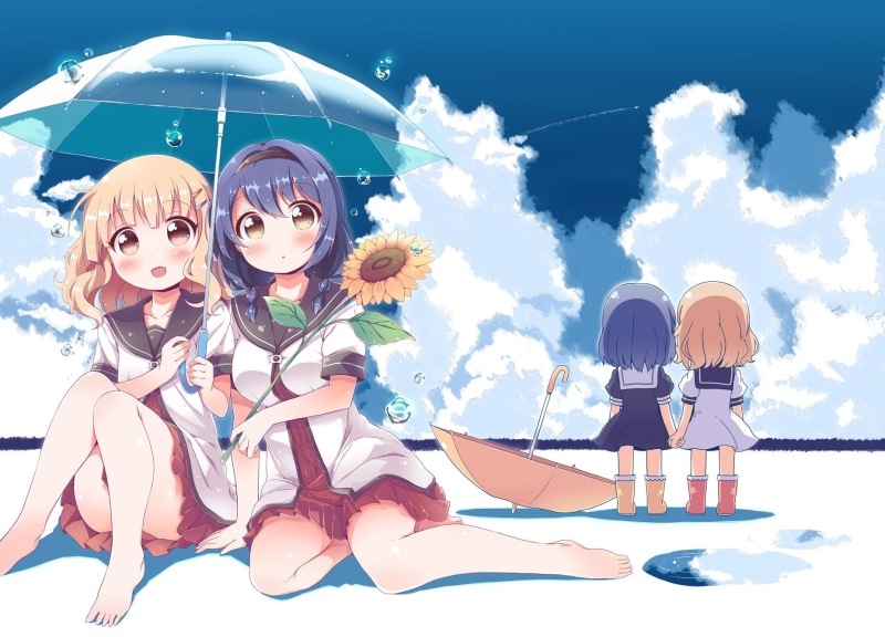 outdoors, females, sky, Oomuro Sakurako, day, sunlight, togetherness, family, looking at camera, beach, group of people, leisure activity, anime girls