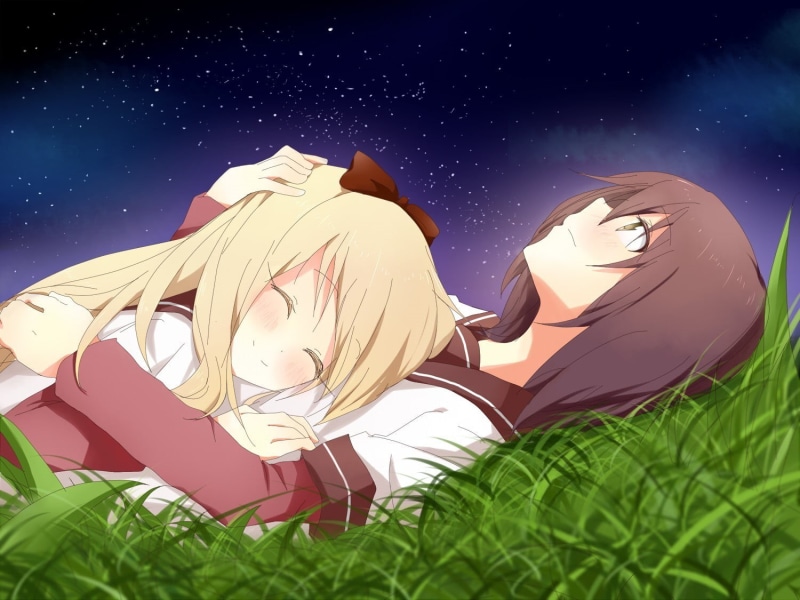 green color, tranquil scene, nature, art and craft, stars, star - space, leaf, field, school uniform, anime girls, astronomy, sky, land, anime, 720P, outdoors