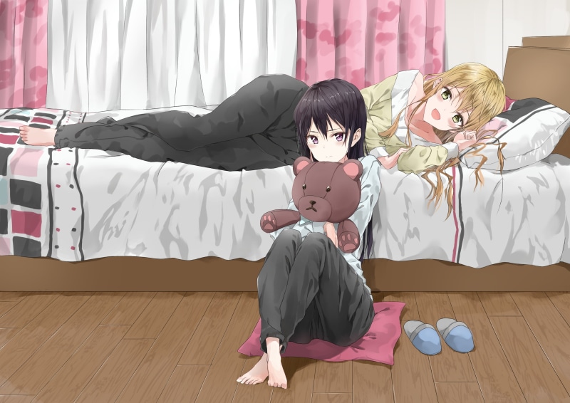 tagme, aihara, green, purple, konachan, com, citrus, blonde, bear, (saburouta), eyes, bed, 2K, 261999, 2girls, long, barefoot, black, mei, hair, teddy