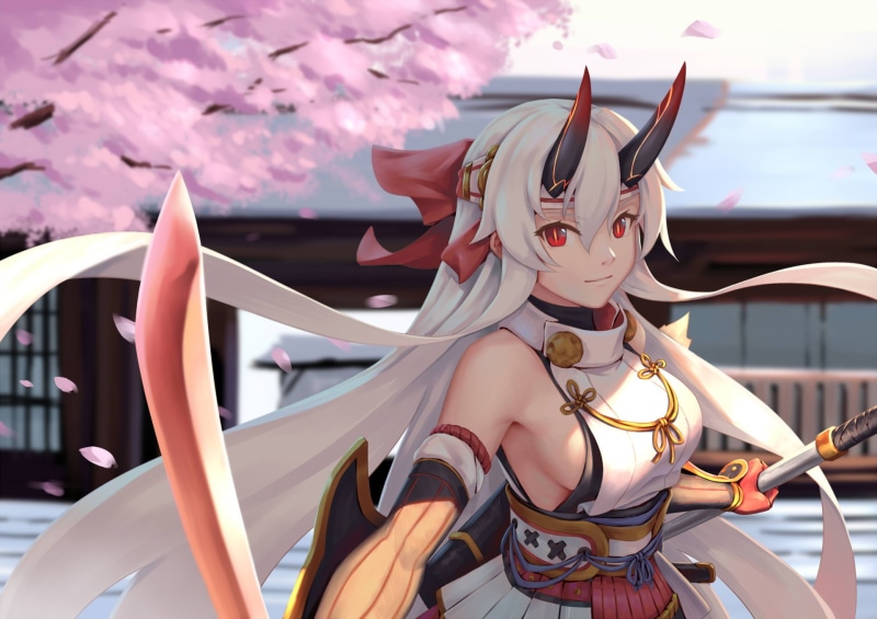 fate, blossoms, eyes, hair, konachan, japanese, sword, building, petals, red, horns, clothes, white, weapon, tomoe, long, cherry, bigrbear, 1080P, gozen