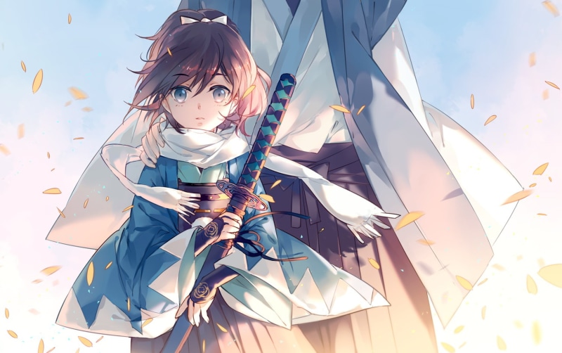 gloves, petals, blue, souji, weapon, com, okita, 255651, touken, clothes, all, male, long, 720P, instockee, japanese, katana, konachan, ponytail, brown
