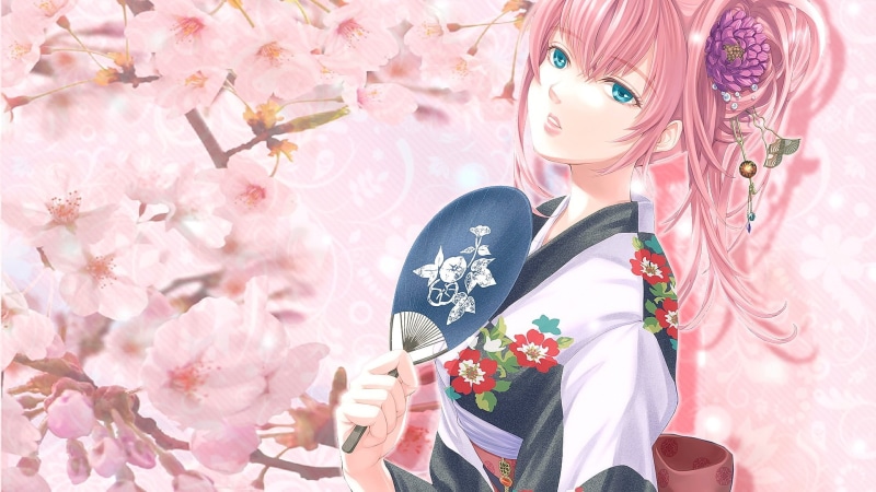 looking at viewer, blue eyes, anime, long hair, Japanese clothes, pink hair, 1080P, anime girls, cherry blossom