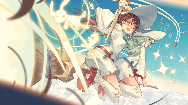 zicai, 1080P, 2girls, green, clouds, hair, konachan, aqua, tang, wand, long, akko, eyes, orange, hat, waifu2x, com, kagari, boots, dress, 248966, brown