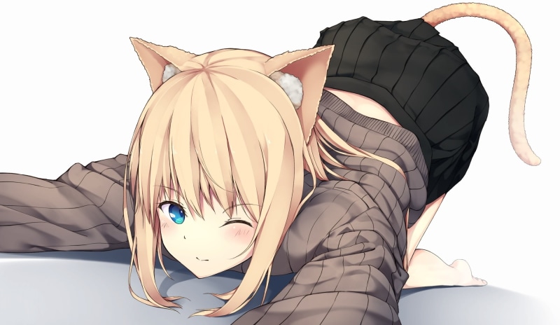short, skirt, blush, close, white, hiraba, konachan, hair, animal, waifu2x, catgirl, eyes, 235532, com, barefoot, wink, aqua, 6018, blonde, tail, ears