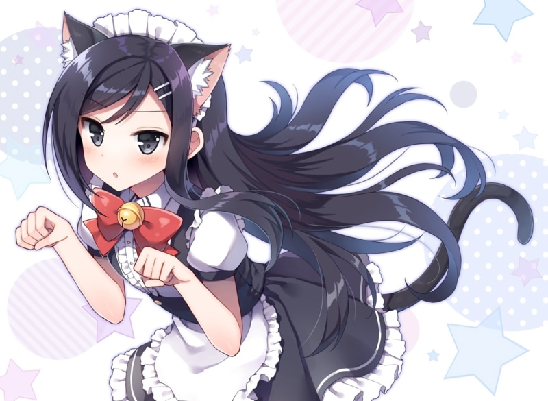 maid, blush, long, ears, black, eyes, headdress, com, konachan, catgirl, mauve, apron, original, 720P, tail, bell, 245259, waifu2x, hair, bow, animal