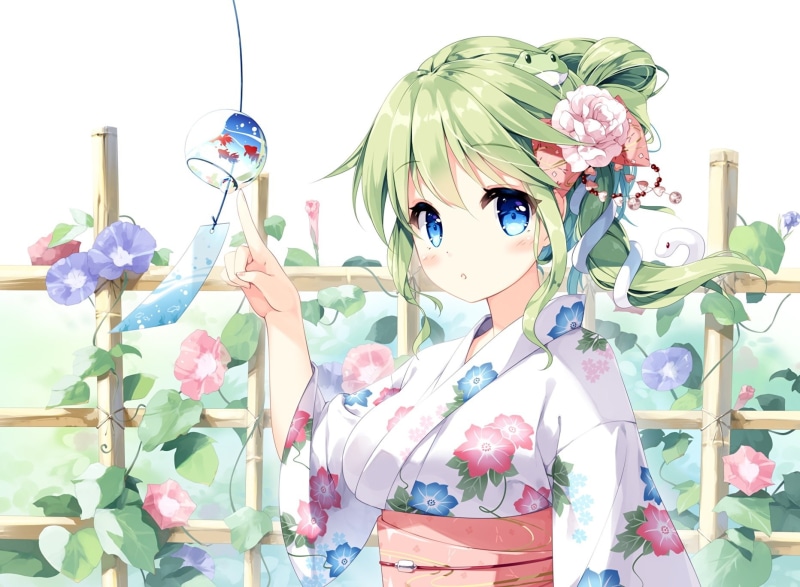 kochiya, blush, touhou, snake, waifu2x, com, green, miyase, hair, ponytail, mahiro, sanae, konachan, yukata, clothes, eyes, japanese, long, blue, animal