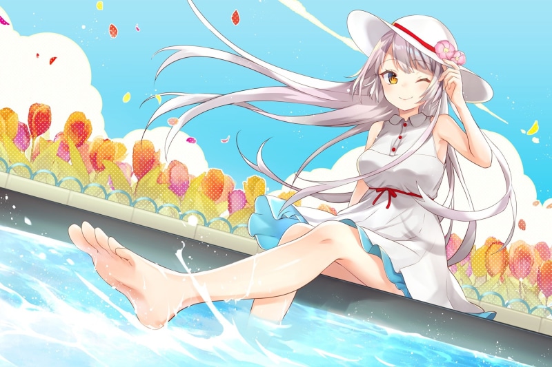 241048, akariko, com, dress, hair, hat, water, waifu2x, 1080P, petals, long, sky, eyes, yellow, wink, (akaringo), original, clouds, flowers, barefoot