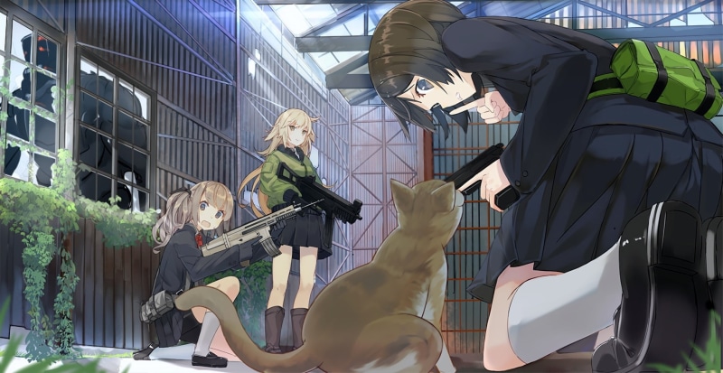gloves, building, gun, seifuku, cat, short, eyes, twintails, neko, megane, boots, hair, original, 720P, long, kneehighs, waifu2x, konachan, com, robot