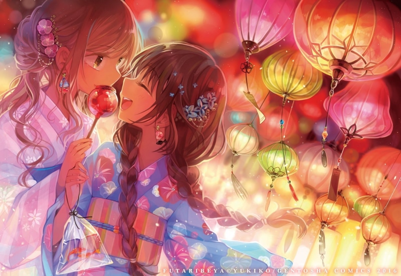 food, headdress, hair, 720P, animal, fruit, fish, braids, watermark, apple, brown, candy, shoujo, girls, festival, twintails, waifu2x, yukinokoe, yukata