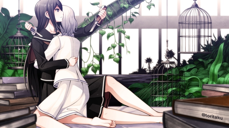 knife, weapon, 2girls, gray, eyes, com, konachan, hair, cage, skirt, 235796, black, original, book, barefoot, vocaloid, long, seifuku, short, waifu2x, watermark