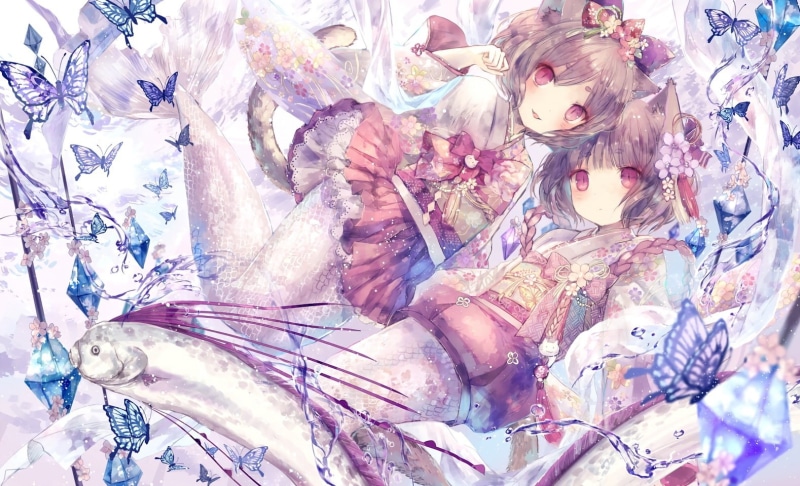 2girls, waifu2x, 720P, short, eyes, kimono, ears, hair, fish, com, original, japanese, konachan, mermaid, tail, catgirl, clothes, brown, 247887, animal