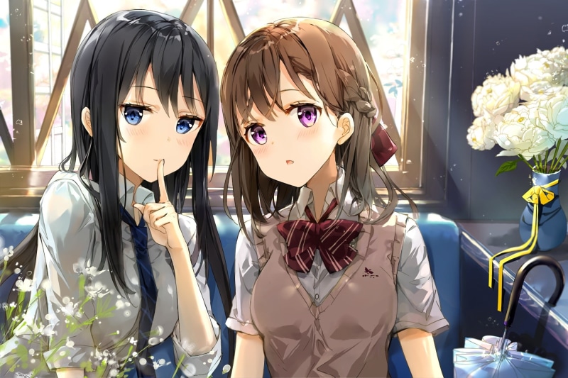 1080P, long, bow, seifuku, konachan, blue, waifu2x, original, braids, eyes, tie, brown, 2girls, kakehi, pink, short, hair, com, 244749, kyouya, umbrella