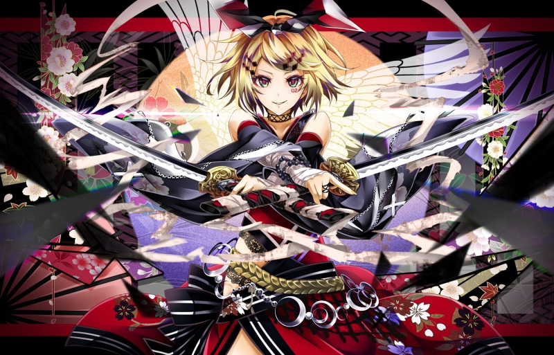 rin, 258426, 1080P, (artist), choker, clothes, waifu2x, tattoo, hair, sword, wristwear, katana, japanese, com, weapon, short, vocaloid, kagamine, eyes