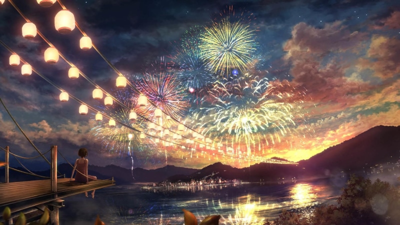 1080P, lights, fireworks, night, anime art, night sky, sky