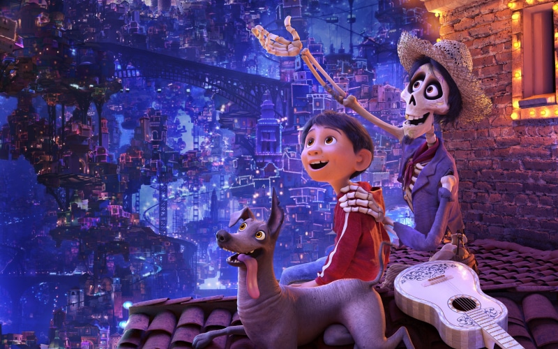 boy, movie, women, Disney, guitar, hat, skeleton, dog, indoors, glass, musical instrument, architecture, arts culture and entertainment, fantasy, adult
