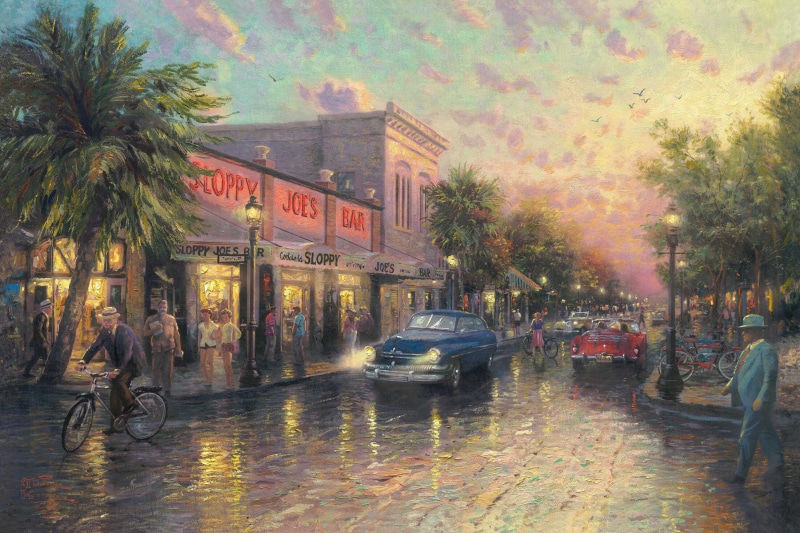 painting, Thomas Kinkade, night, color Image, Florida, rainy season, rain, architecture, illuminated, the evening, built Structure, Kinkade, mode of transportation