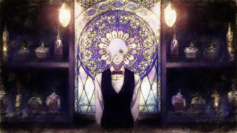 Bottle, Blue Eyes, Anime, Death Parade, Bar, White Hair, 1080P, Decim (Death Parade)