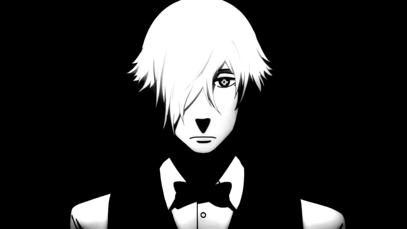 Decim, 720P, woman, one person, disguise, mask, indoors, front view, anime, white, close-up, obscured face, black, copy space, white hair, human representation