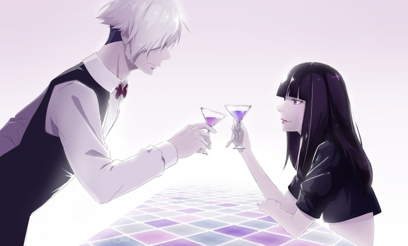 indoors, hair, young women, hairstyle, profile view, white background, Anime, Chiyuki (Death Parade), side view, Purple Hair, technology, digital composite