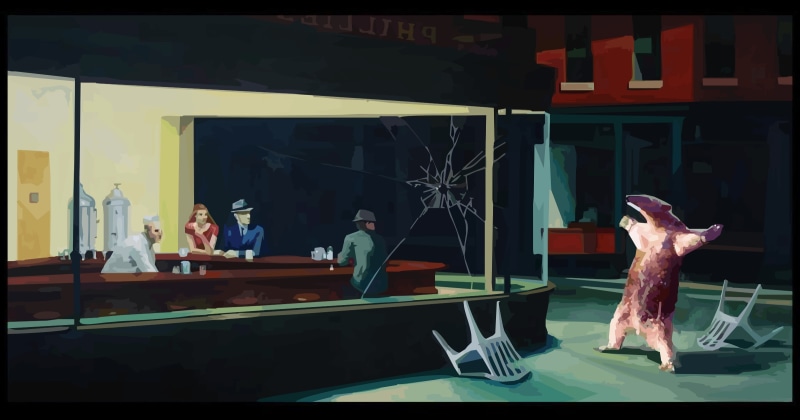 1080P, transfer print, standing, artwork, food and drink, table, humor, Memes, auto post production filter, Anteaters, indoors, men, Edward Hopper, looking