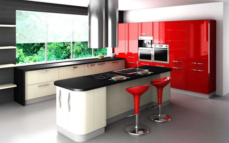 red, decor, built structure, wooden, elegance, cabinet, cabinets, refrigerator, domestic Life, microwave, table, steel, domestic Room, luxury, faucet, no People